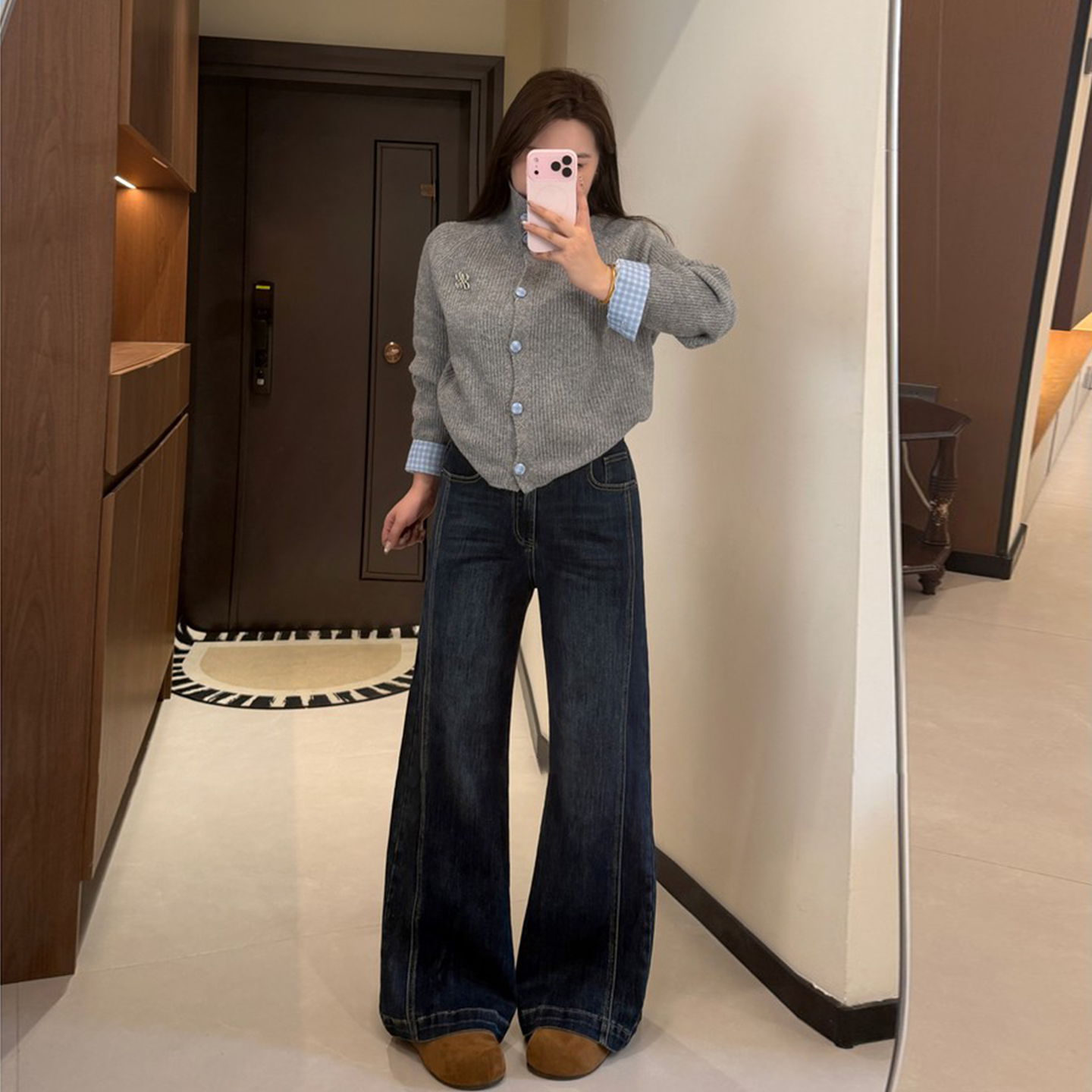 特大码女装美式复古高街牛仔裤女胖mm加绒加厚显瘦遮肉阔腿长裤子 - 图1