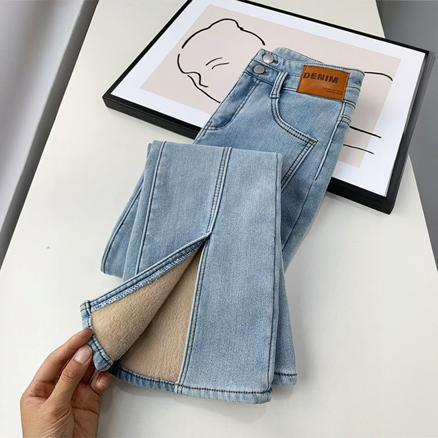 大码女装美式辣妹风黑色牛仔裤女胖mm加绒加厚裤子弹力开叉微喇裤,淘宝优惠券,粉丝福利购,淘宝优惠卷