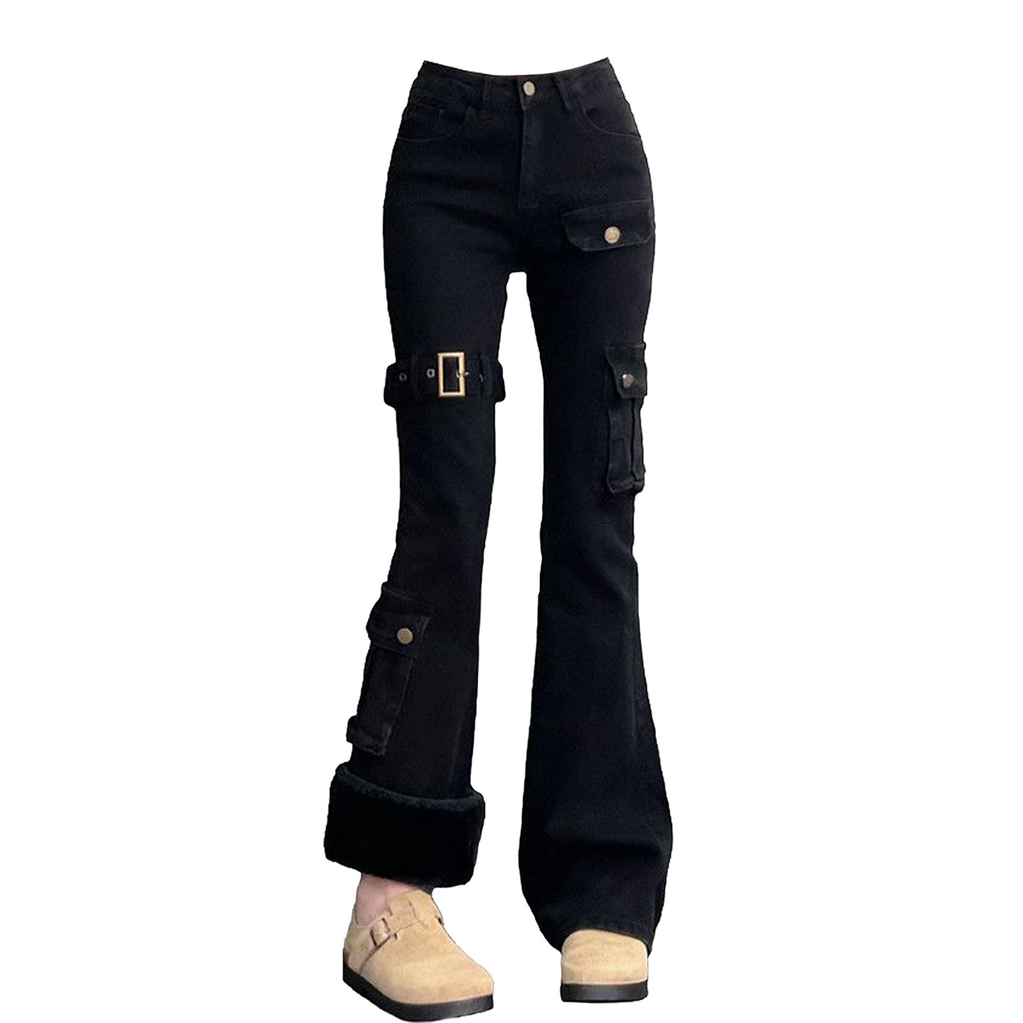 胖mm大码女装辣妹风黑色弹力工装牛仔裤女小个子加绒加厚微喇裤子,淘宝优惠券,粉丝福利购,淘宝优惠卷