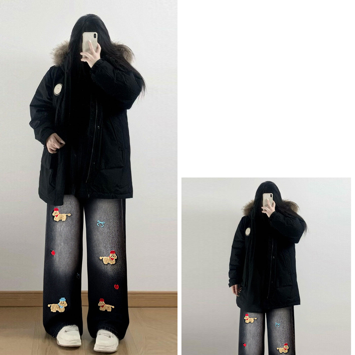 大码女装卡通刺绣减龄黑色牛仔裤女秋冬胖mm高腰显瘦宽松阔腿裤子,淘宝优惠券,粉丝福利购,淘宝优惠卷