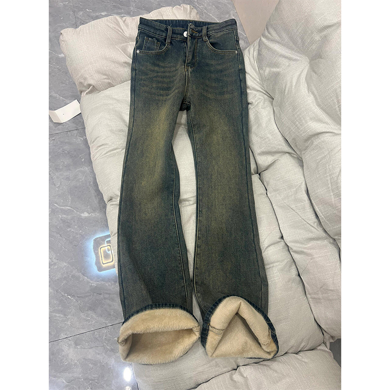300斤大码女装加绒加厚复古蓝微喇牛仔裤女胖mm高腰弹力阔腿裤子 - 图3