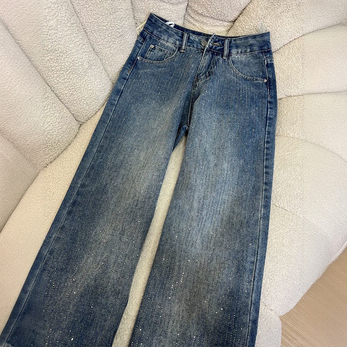 300斤大码女装美式重工烫钻蓝色牛仔裤女胖mm宽松设计感直筒裤子,淘宝优惠券,粉丝福利购,淘宝优惠卷