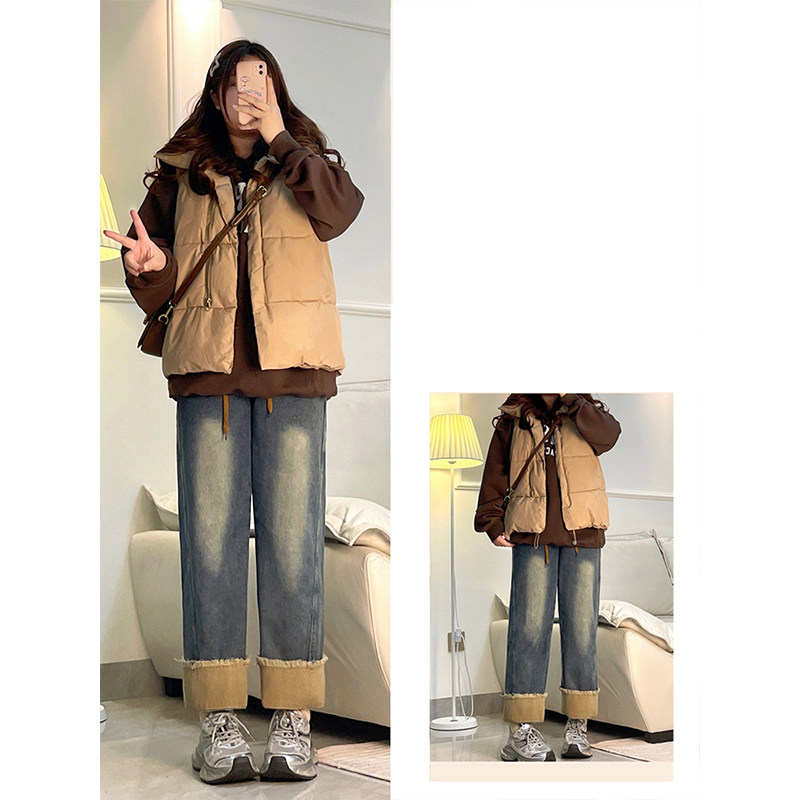 胖mm美式复古直筒牛仔裤女秋季大码女装抽绳裤子女显瘦阔腿九分裤,淘宝优惠券,粉丝福利购,淘宝优惠卷