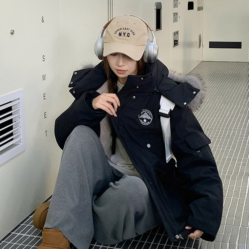 300斤大码女装美式加厚派克服外套女胖mm宽松学院风连帽黑色棉服 - 图2