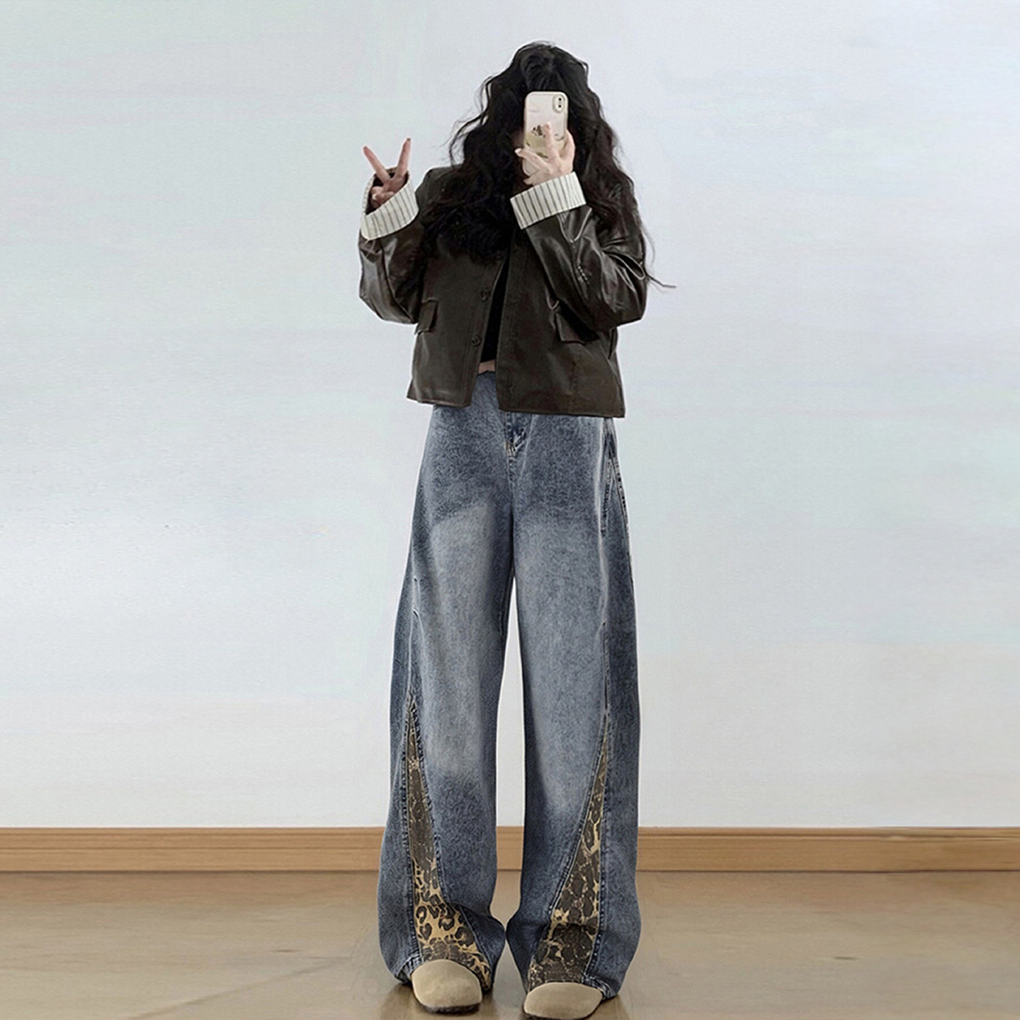 大码女装美式高街蓝色牛仔裤女胖mm豹纹拼接高腰宽松显瘦阔腿裤子,淘宝优惠券,粉丝福利购,淘宝优惠卷