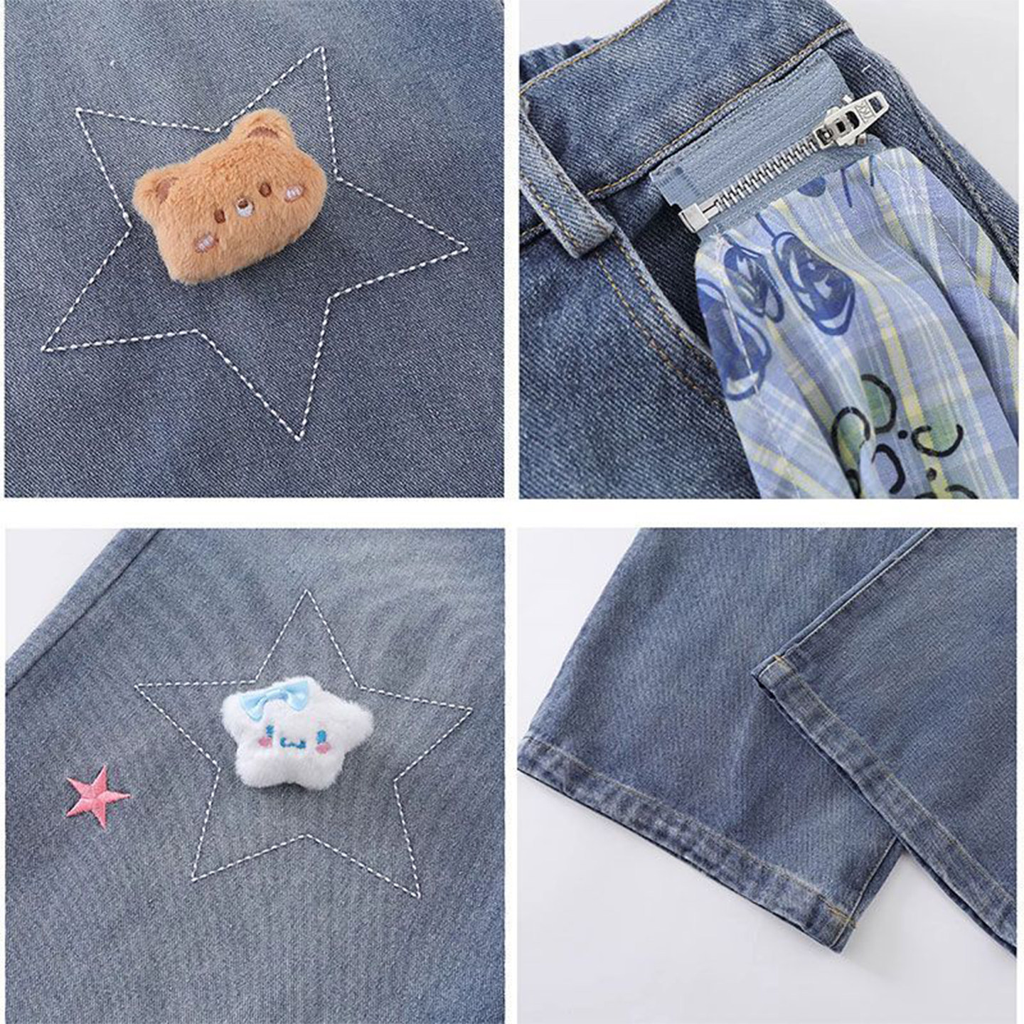 300斤大码女装美式小熊刺绣牛仔裤女胖mm秋季废土风做旧阔腿裤子,淘宝优惠券,粉丝福利购,淘宝优惠卷