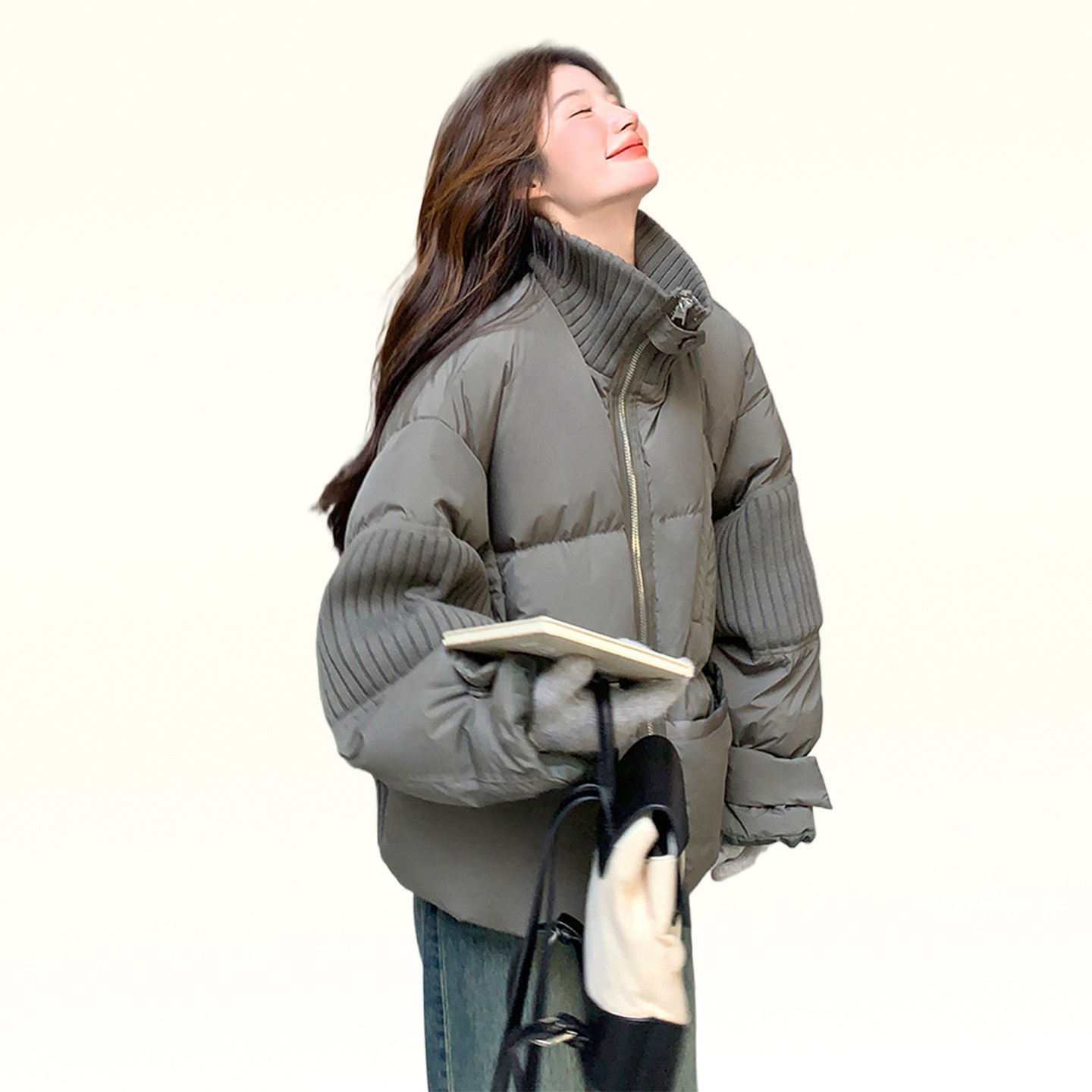 300斤大码女装宽松设计感立领棉服上衣女冬季防寒保暖灰绿色棉衣 - 图0