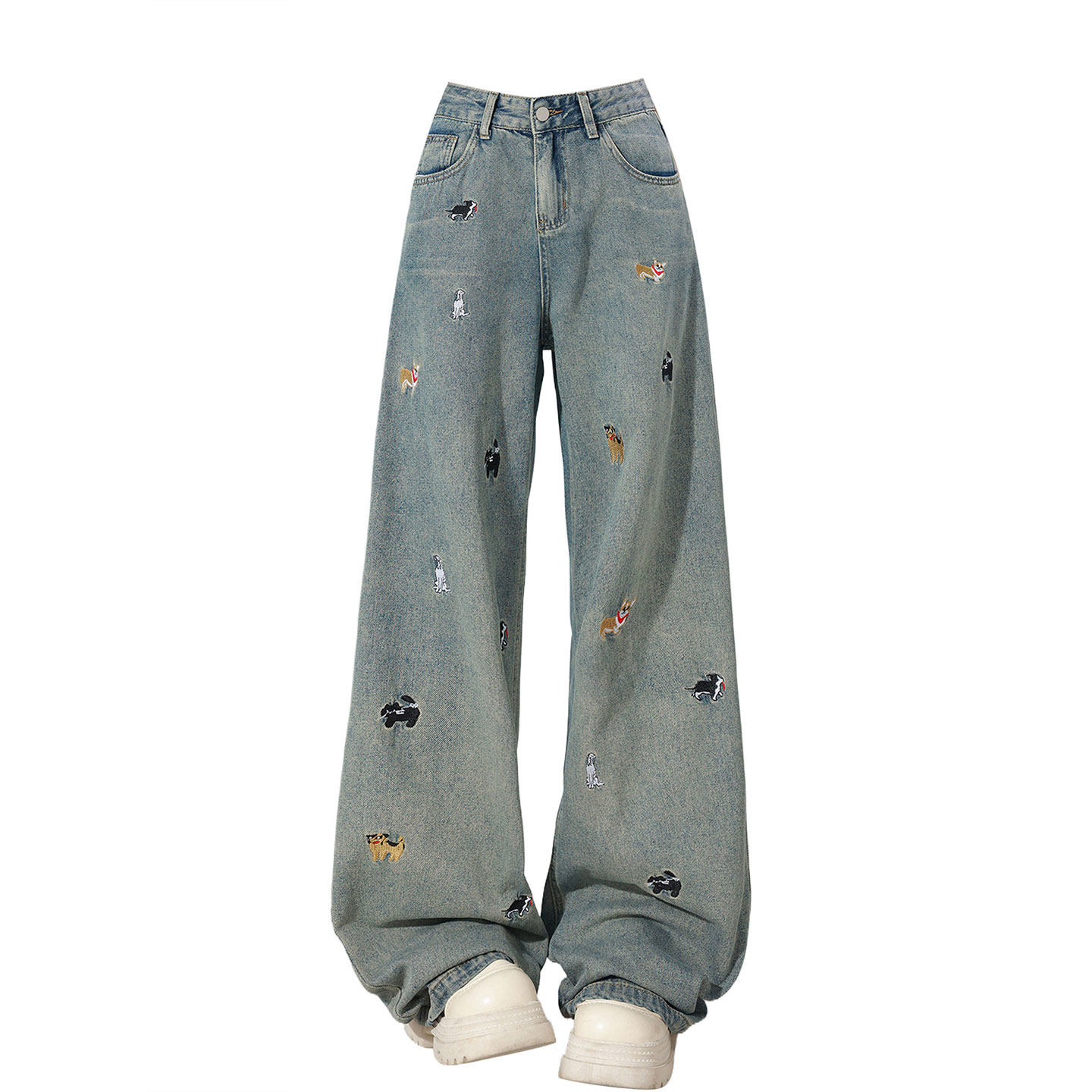 特大码胖mm韩系复古显瘦牛仔裤女美式卡通刺绣高腰垂感阔腿长裤子,淘宝优惠券,粉丝福利购,淘宝优惠卷