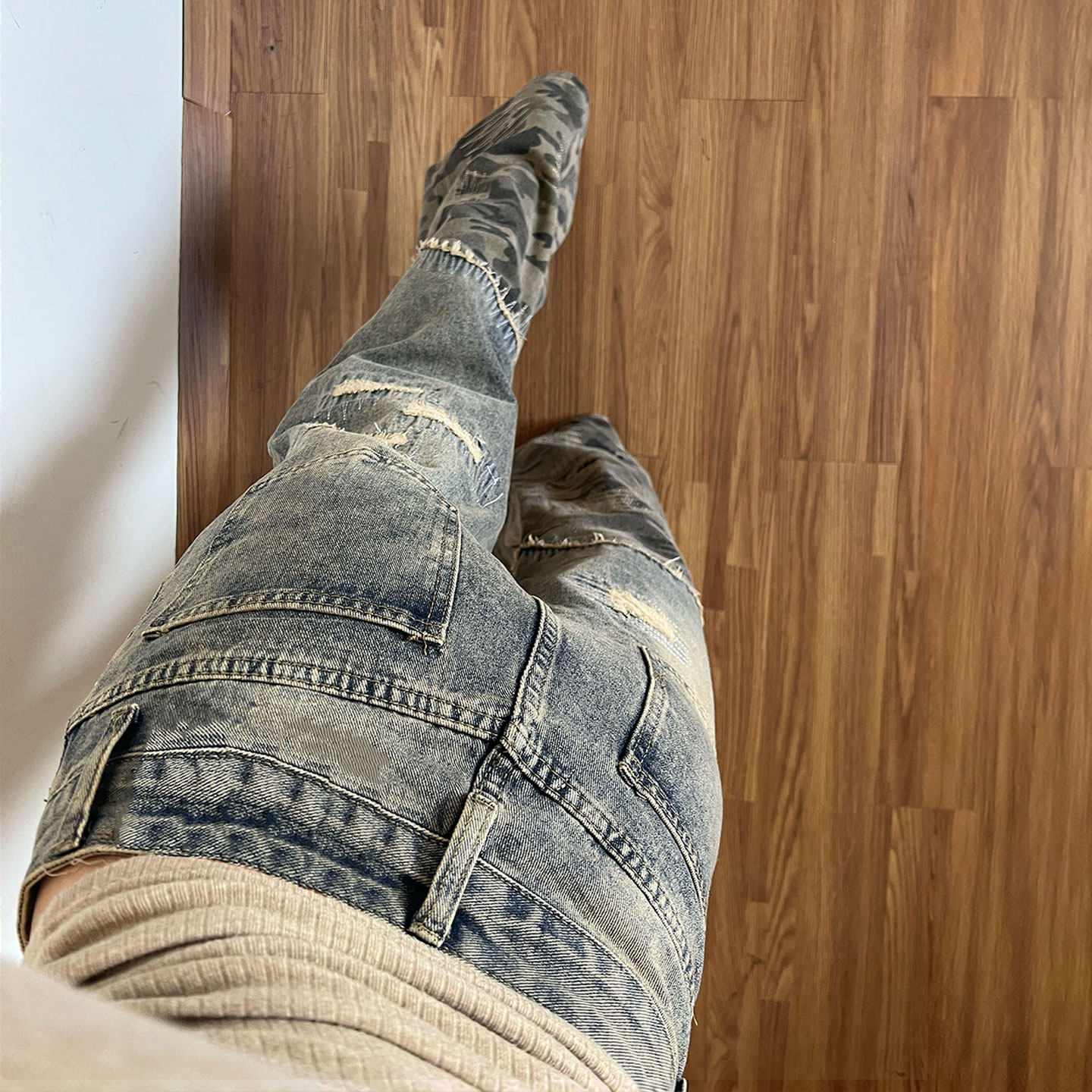 特大码胖mm美式穿搭辣妹风蓝色牛仔裤女破洞设计豹纹拼接直筒裤子,淘宝优惠券,粉丝福利购,淘宝优惠卷