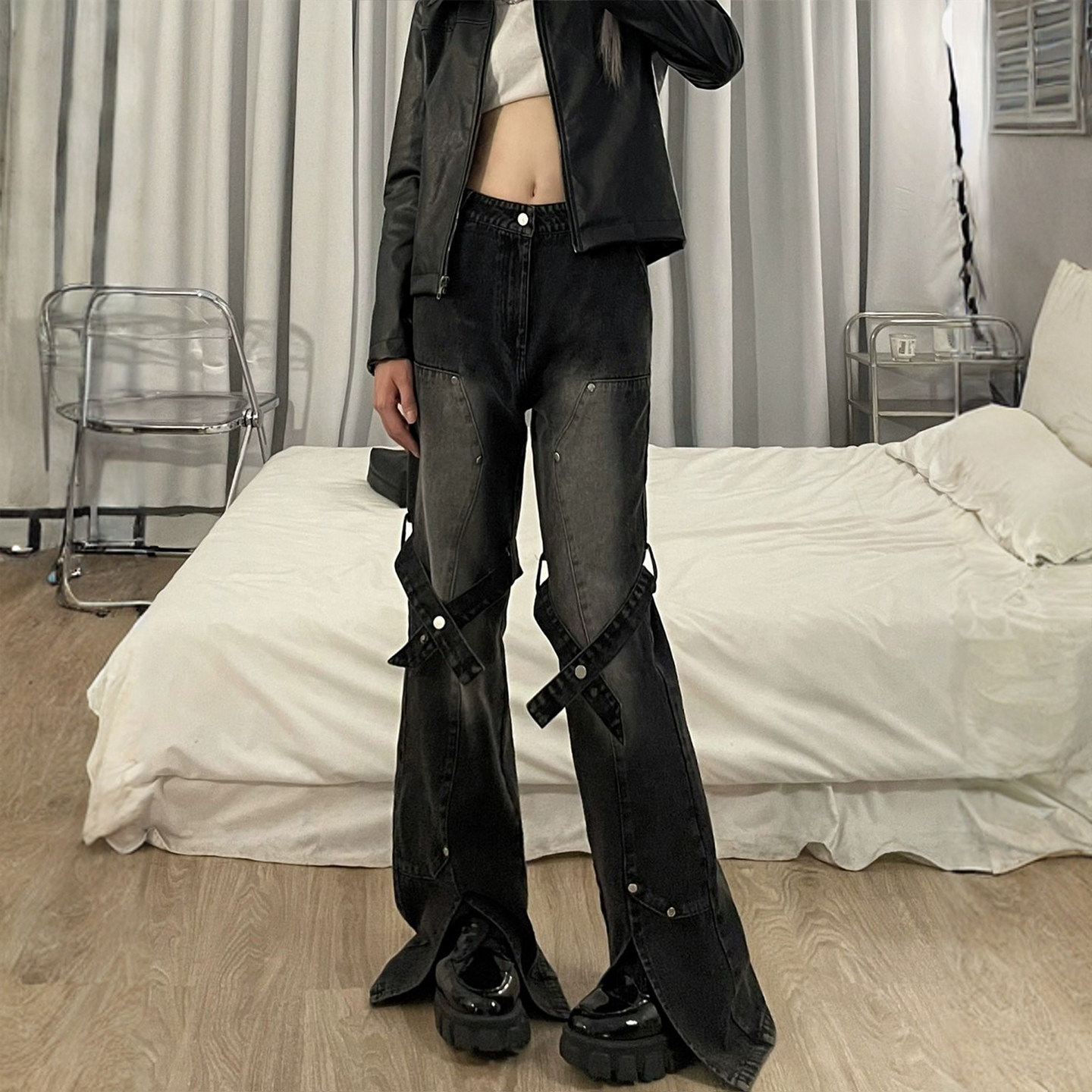 300斤特大码女装黑色牛仔裤女胖mm美式甜酷风设计感开叉微喇裤子,淘宝优惠券,粉丝福利购,淘宝优惠卷