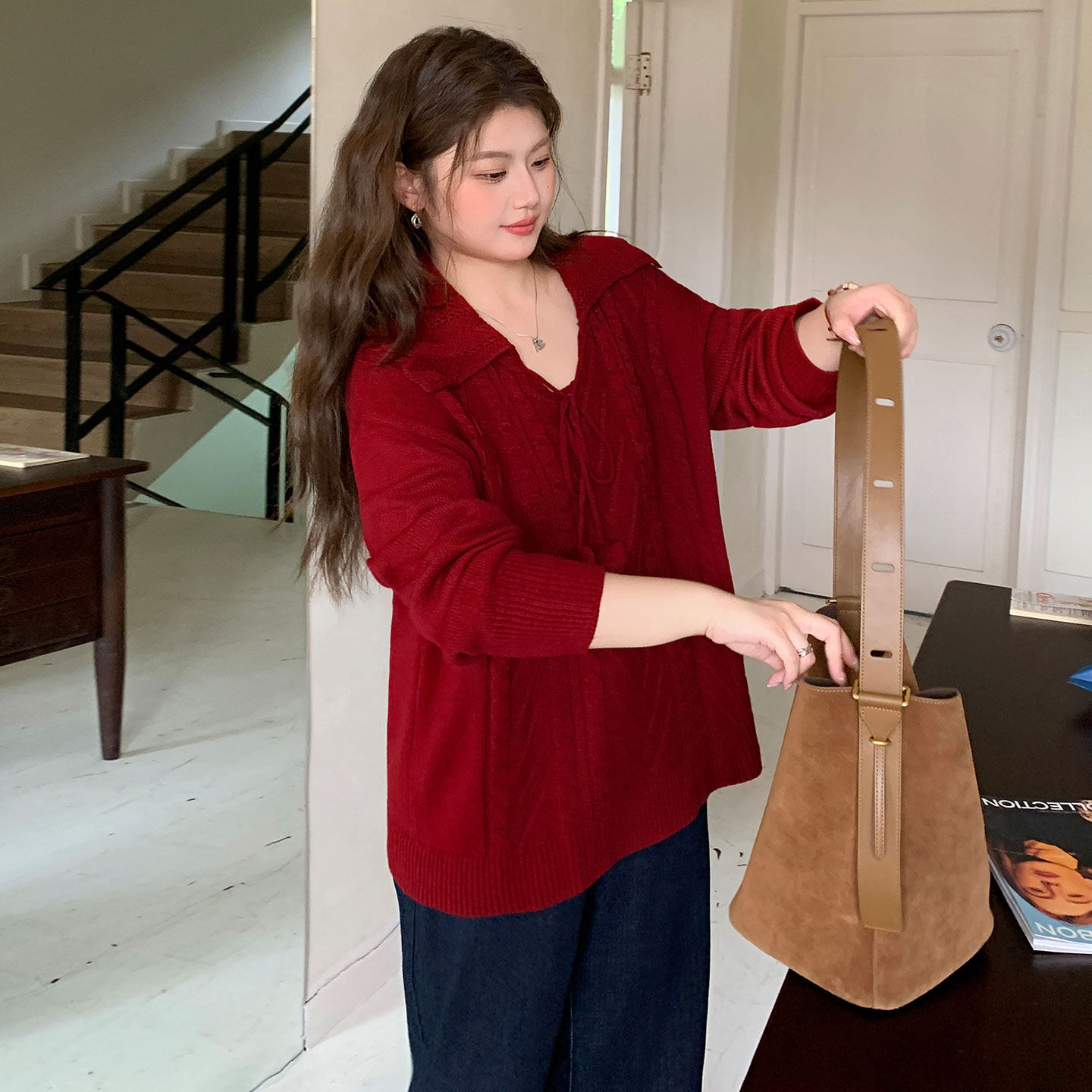 300斤大码女装韩系慵懒风红色毛衣女胖mm高级感宽松显瘦针织上衣,淘宝优惠券,粉丝福利购,淘宝优惠卷