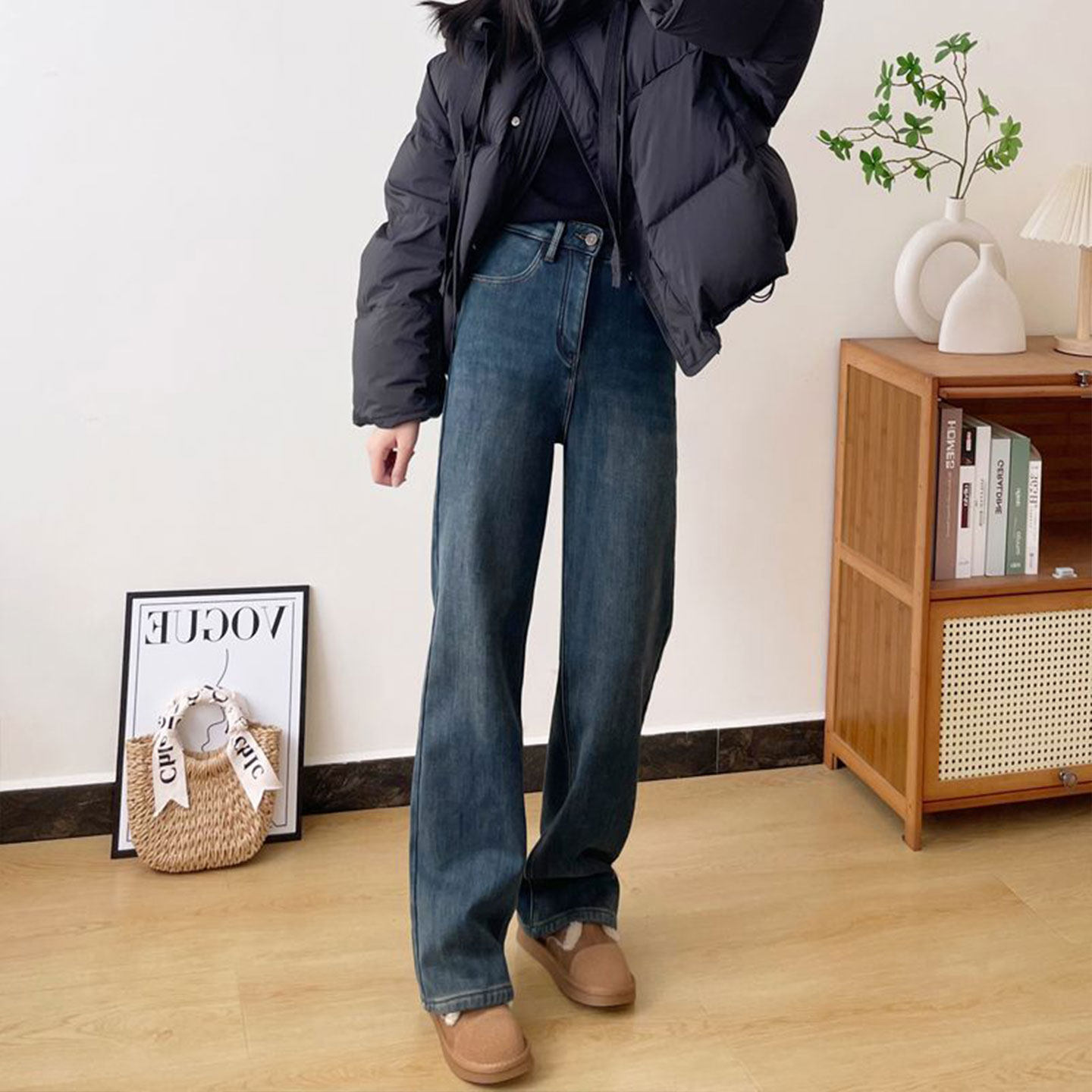 大码女装胖mm韩版ins蓝色加绒牛仔裤女高腰显瘦遮肉加厚直筒裤子,淘宝优惠券,粉丝福利购,淘宝优惠卷