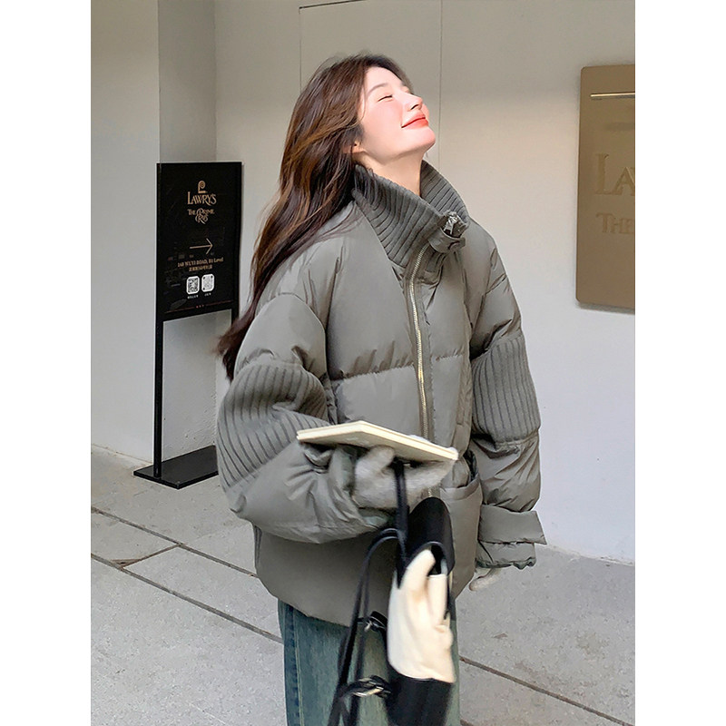 特大码女装胖mm针织拼接灰绿色棉服女韩系高级感加厚保暖棉衣外套,淘宝优惠券,粉丝福利购,淘宝优惠卷