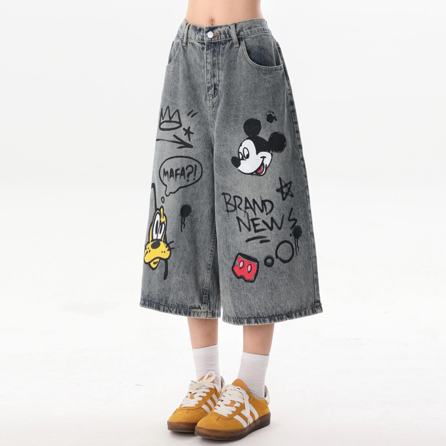 特大码女装胖mm设计感卡通涂鸦牛仔短裤女复古宽松显瘦直筒七分裤 - 图2