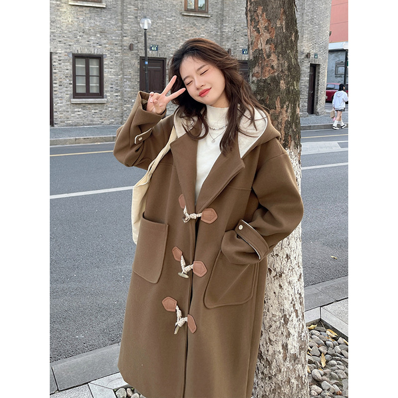 特大码女装胖mm美拉德牛角扣毛呢外套女冬季长款过膝连帽呢子大衣,淘宝优惠券,粉丝福利购,淘宝优惠卷