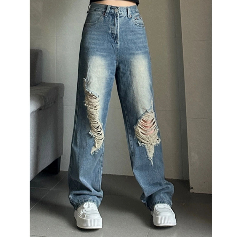 300斤特大码复古破洞高腰牛仔裤女300斤胖mm夏薄款显瘦宽松阔腿裤 - 图0