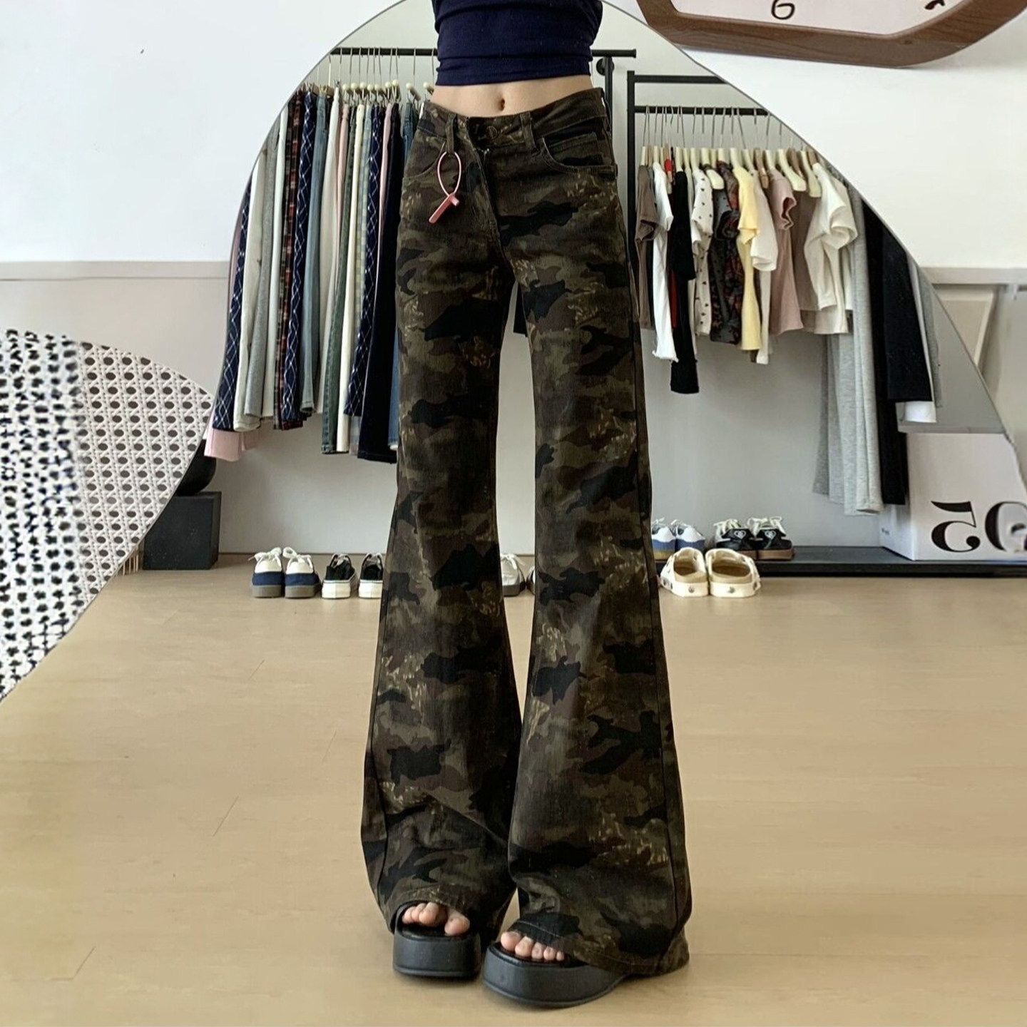 300斤特大码美式迷彩阔腿牛仔裤女胖mm高腰修身显瘦马蹄喇叭裤子,淘宝优惠券,粉丝福利购,淘宝优惠卷