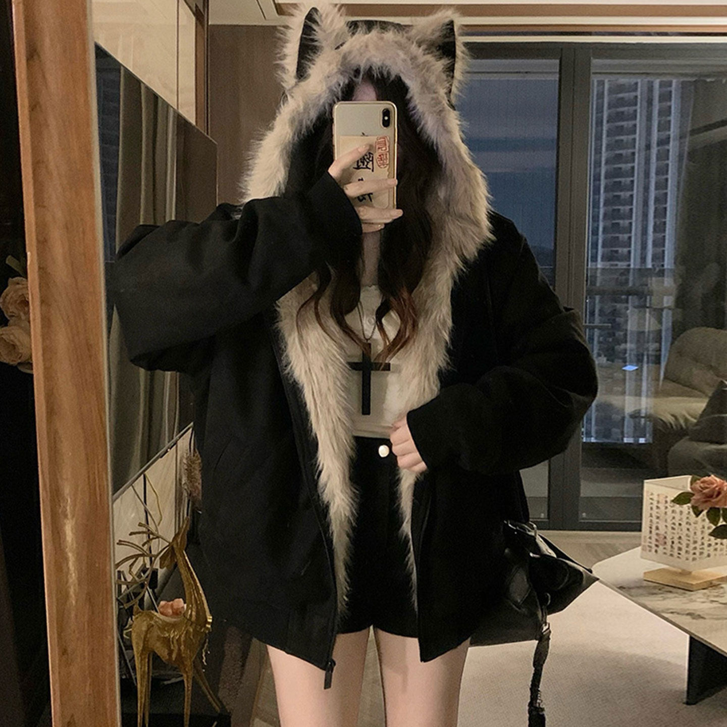 大码胖mm黑色设计感加厚棉服女款2025新款冬时尚百搭连帽毛绒外套,淘宝优惠券,粉丝福利购,淘宝优惠卷