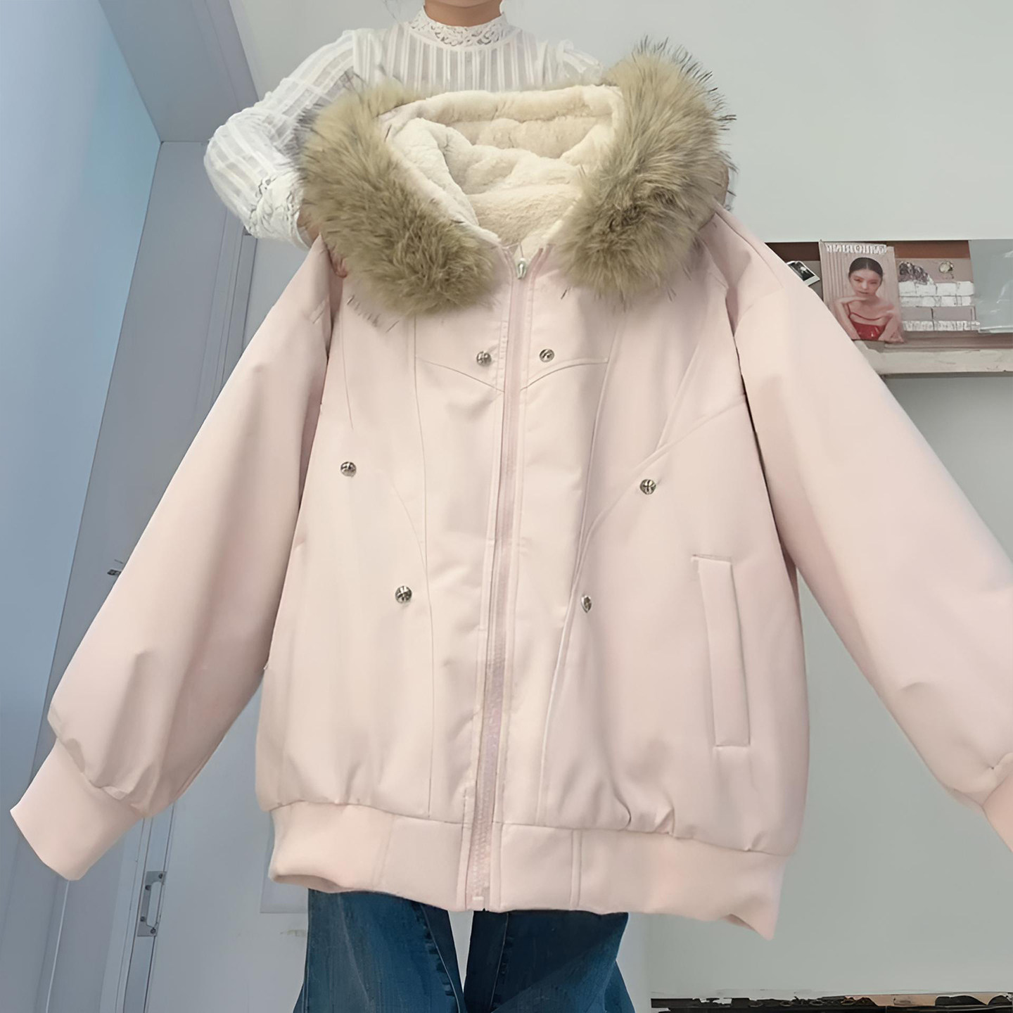 胖mm大码女装粉色座山雕毛领棉服上衣女冬季加厚保暖连帽棉衣外套,淘宝优惠券,粉丝福利购,淘宝优惠卷