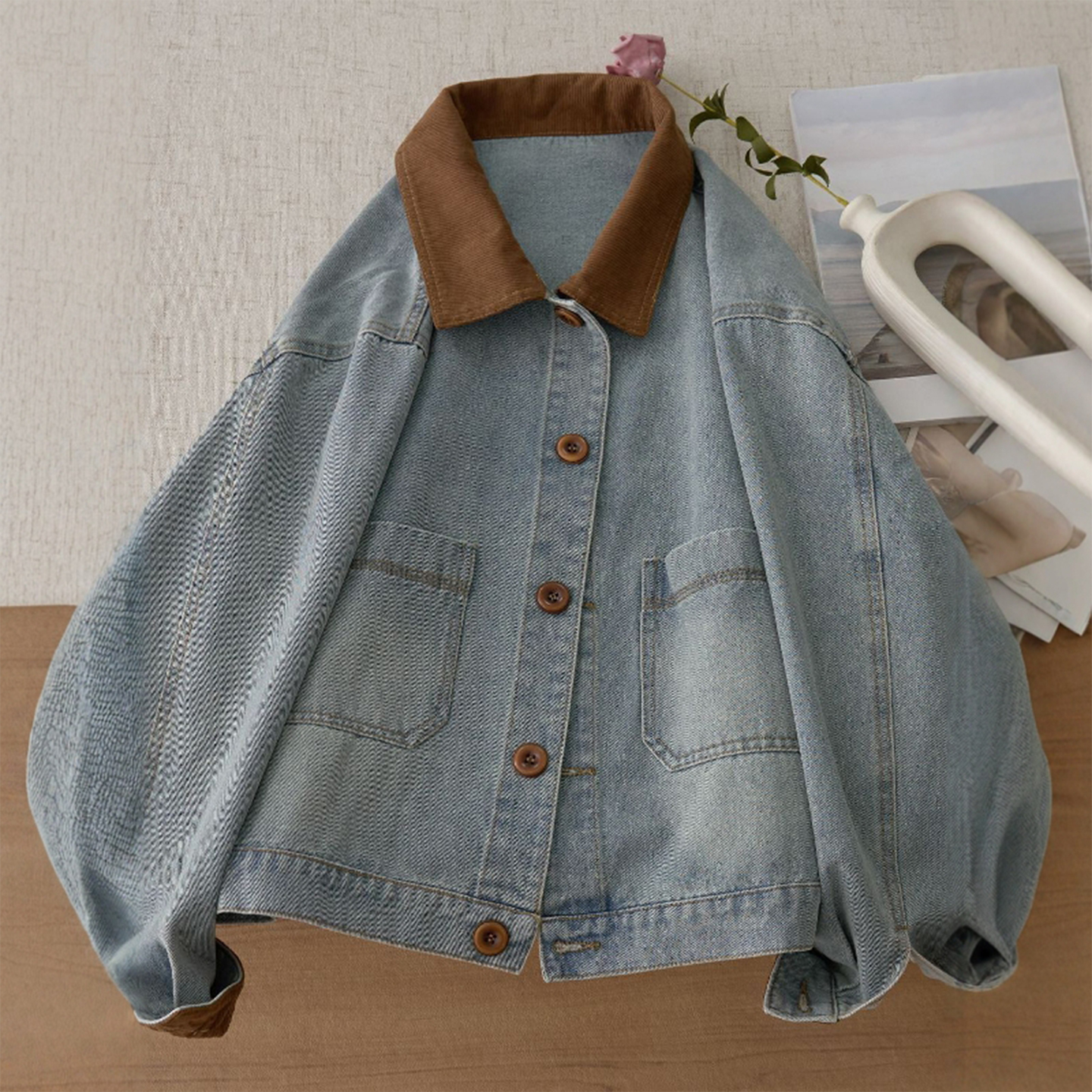 特大码蓝色复古拼接翻领牛仔外套女秋季胖mm韩系洋气百搭夹克上衣 - 图3