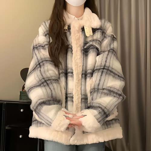 300斤特大码慵懒风格纹拼接棉服外套女胖mm宽松休闲风羊羔毛上衣 - 图0