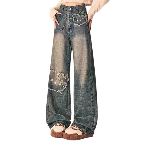 胖mm大码女装复古卡通猫咪刺绣牛仔裤女秋季加绒裤子学生阔腿长裤 - 图2