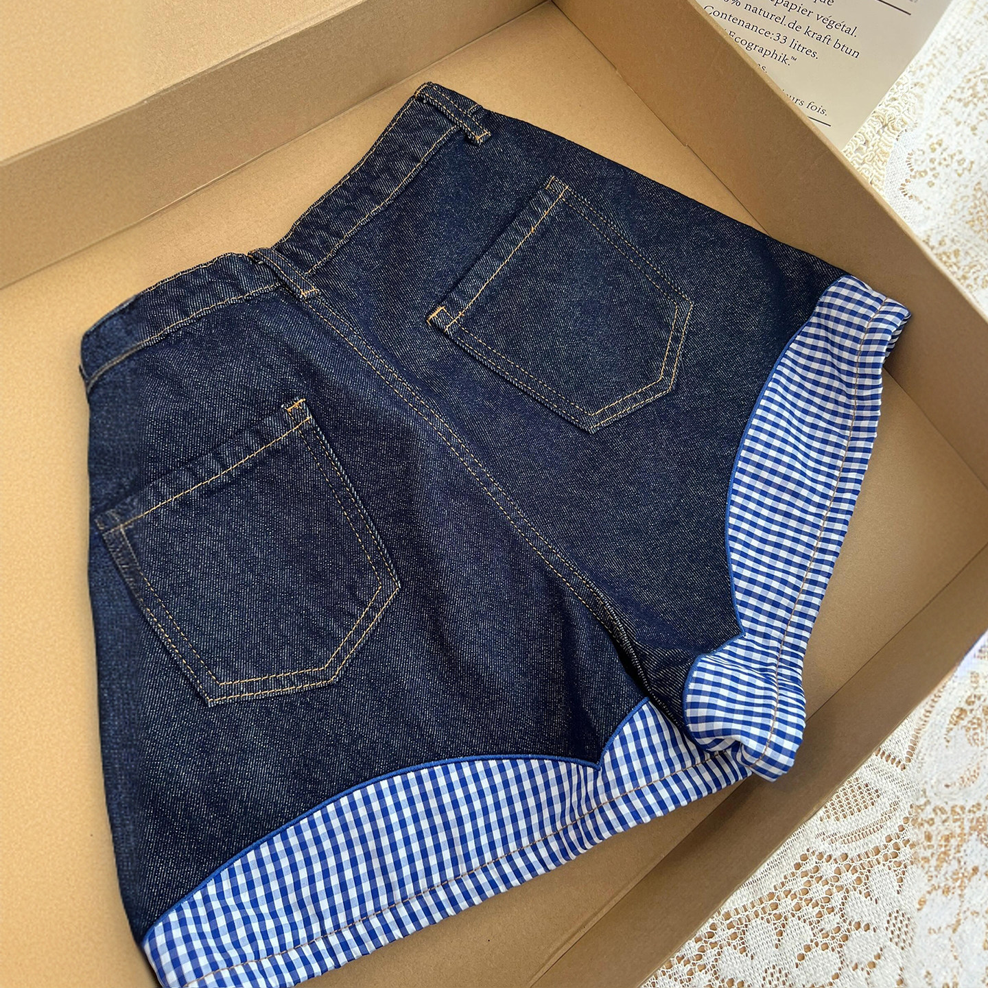 大码女装深蓝色格子蝴蝶结绑带牛仔短裤女胖mm美式高街辣妹热裤子,淘宝优惠券,粉丝福利购,淘宝优惠卷