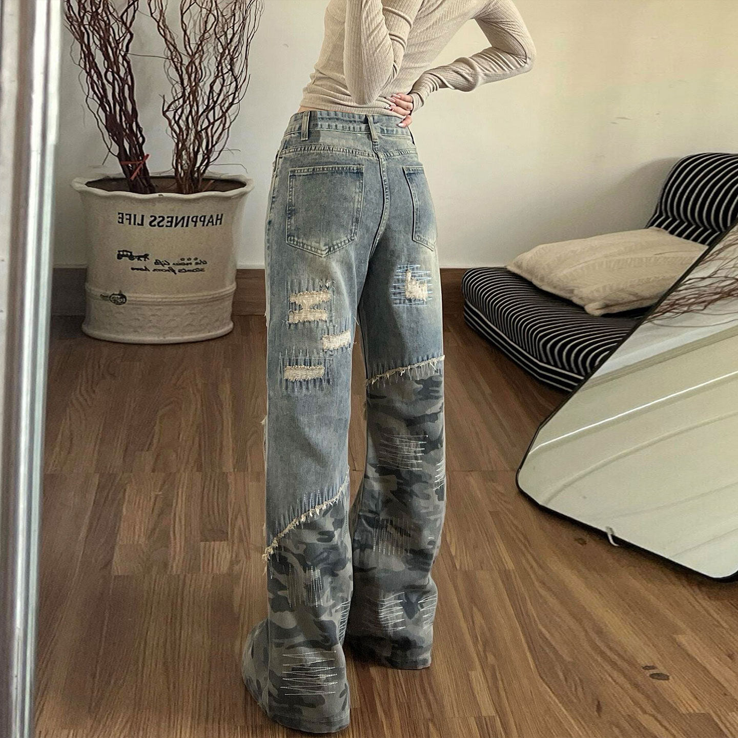 特大码胖mm美式穿搭辣妹风蓝色牛仔裤女破洞设计豹纹拼接直筒裤子,淘宝优惠券,粉丝福利购,淘宝优惠卷