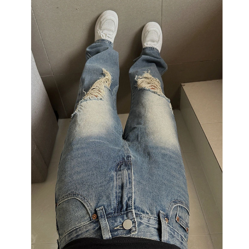 300斤特大码复古破洞高腰牛仔裤女300斤胖mm夏薄款显瘦宽松阔腿裤 - 图3