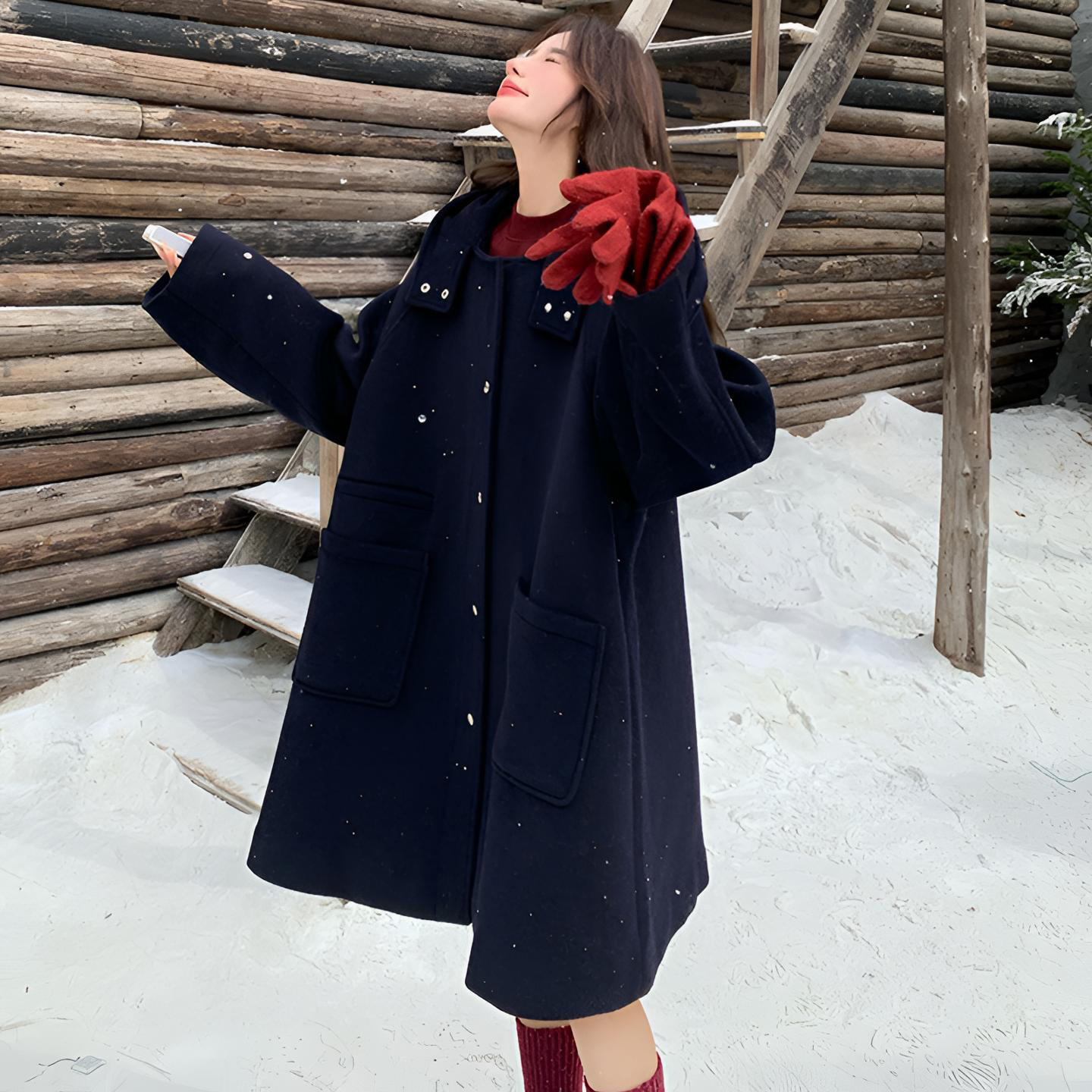 大码女装藏青色加厚保暖毛呢大衣女胖mm宽松显瘦中长款连帽外套 - 图1