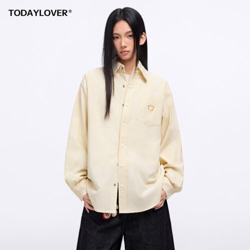 TODAYLOVER条纹长袖衬衫女春季潮牌新款笑脸宽松刺绣休闲衬衣外套 - 图0