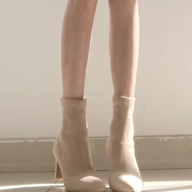 日常高跟短靴女秋冬裸色高跟鞋秋冬加绒粗跟踝靴弹力瘦瘦靴 - 图2