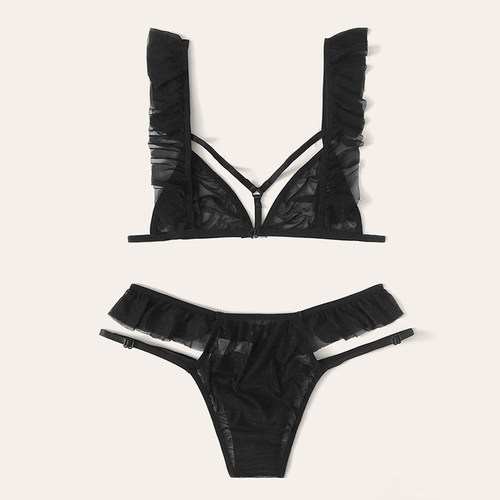 Sexy backless mesh bra underwear set性感露背网纱文胸内裤套装 - 图0
