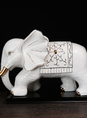 陶瓷描金大象一对招财玄关摆件