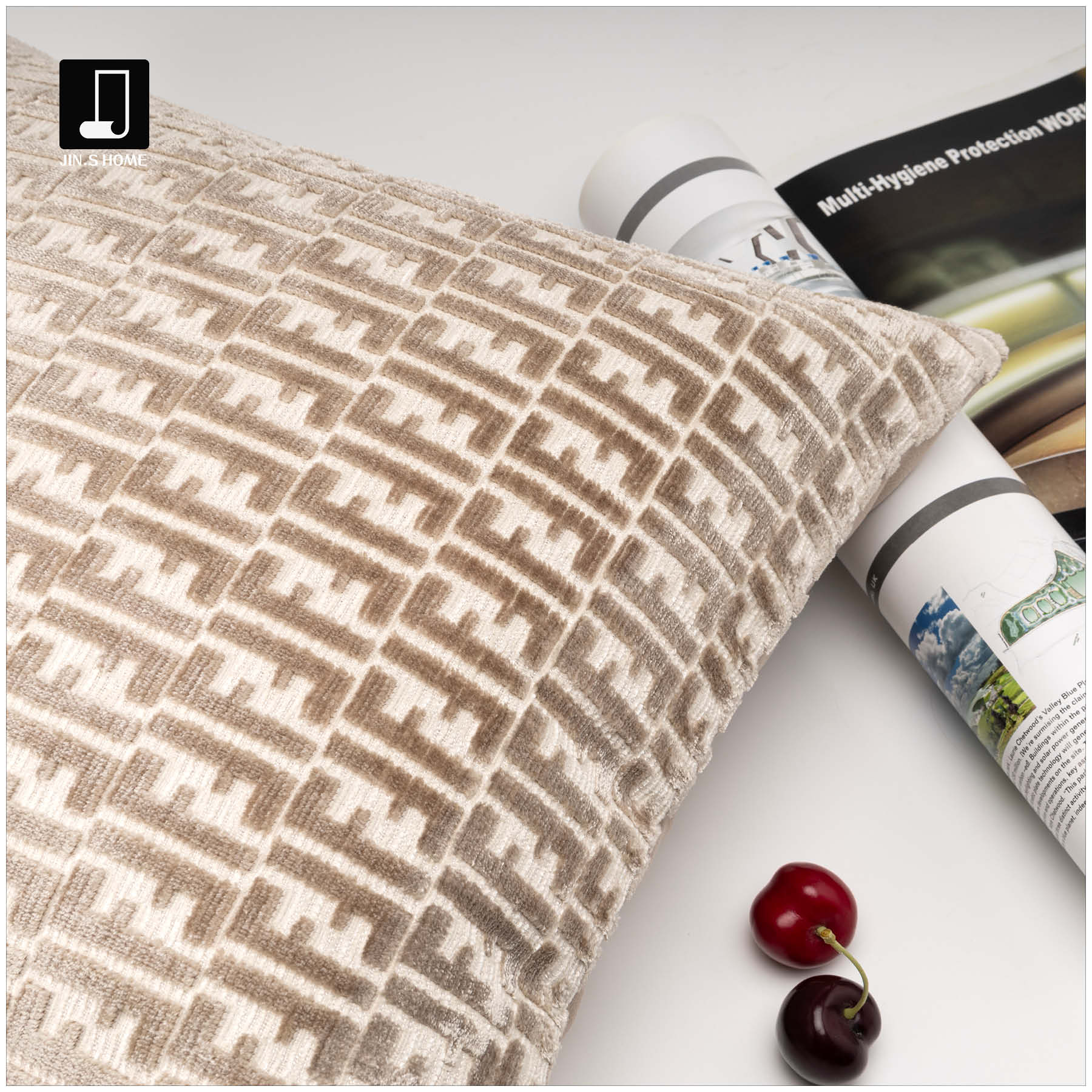 锦色样板间灰色割绒抱枕大牌双F字母立体方枕别墅沙发床上靠垫枕 - 图0