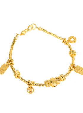 葫芦盘缠手链925纯银吉祥暴富手链复古黄金色锤纹金圈盘缠手饰礼