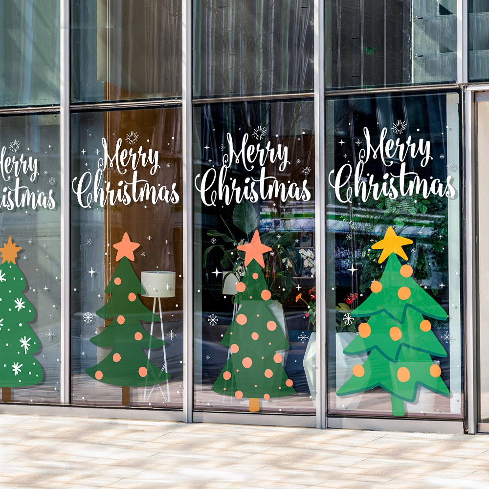 圣诞树窗贴手绘抽象艺术蜡笔素描圣诞老人网红店铺圣诞节UV玻璃贴 - 图2