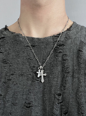 欧美K罗十字架镶钻吊坠钛钢项链