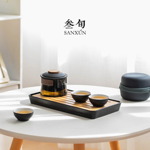 叁旬锦心快客杯便携式旅行茶具套装一壶三杯泡茶壶露营户外收纳包 - 图3