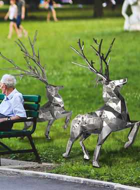 高端定制316镜面不锈钢块面鹿雕塑 广场大型抽象金属园林景观小品