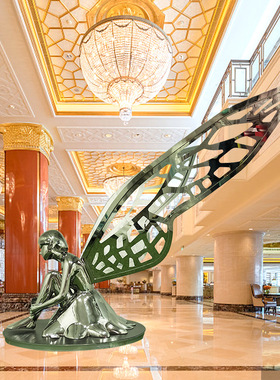 酒店会所大堂落地室内软装摆件 镜面花仙子人物雕塑 不锈钢雕塑