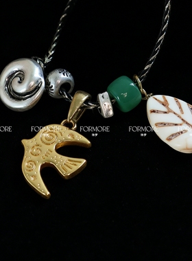 复古做旧民族风手工编绳毛衣链长款项链多吊坠风信鸟高级感松石