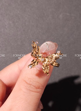 欧美复古法式轻奢戒指开口可调立体蝴蝶结镂空锆石铜镀18k金仙气