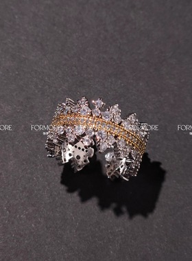 复古轻奢编织纹镶宝石排钻皇冠繁星戒指宽戒开口可调夸张华丽