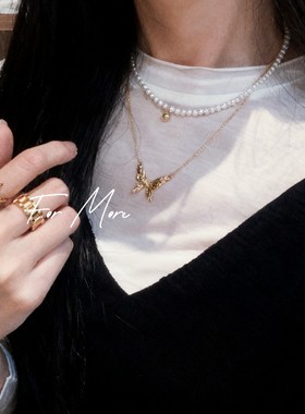 法式复古温柔优雅淑女风锆石微镶蝴蝶吊坠项链戒指铜镀18K金