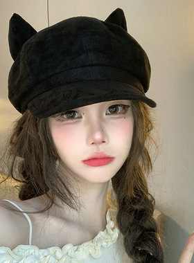 豹纹猫耳贝雷帽女秋冬季韩系甜酷百搭画家帽显脸小八角鸭舌帽