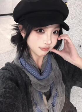 【现货】藤井树相同的覆古灰色和蓝色圆点蕾丝围巾与褶边时尚丝巾