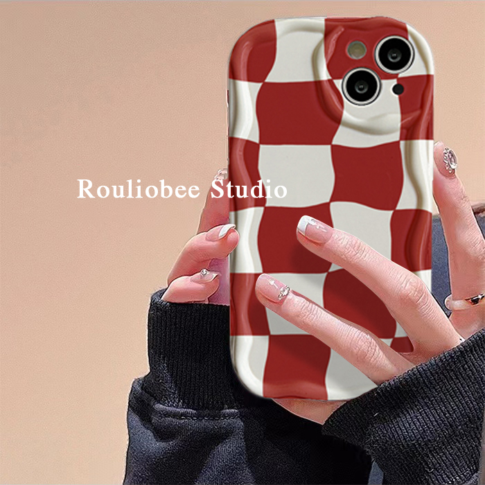 波浪边红白格子适用苹果14promax手机壳新款iphone14pro高级感14苹果13套12全包镜头11防摔ProMax女Pro潮Plus