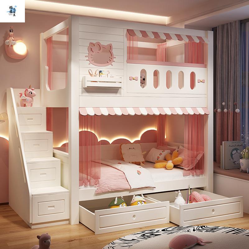 儿童床女孩公主床上下床双层床下铺护栏高低两层树屋城堡滑梯卡特 - 图2