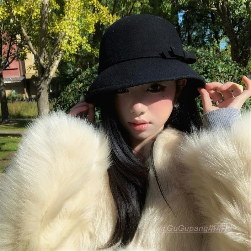 留洋千金感黑色毛呢礼帽法式赫本风复古优雅气质渔夫帽小香风盆帽